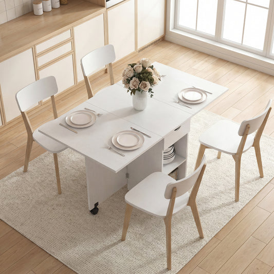 Folding Dining Table with Storage, Drop Leaf Kitchen Table with Drawer and Shelves for Small Spaces