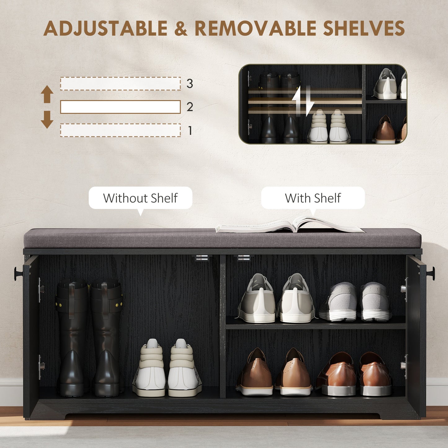 HOMCOM Entryway Shoe Storage Bench, Padded Seat, 8-Pair Organizer, Black Wood Grain