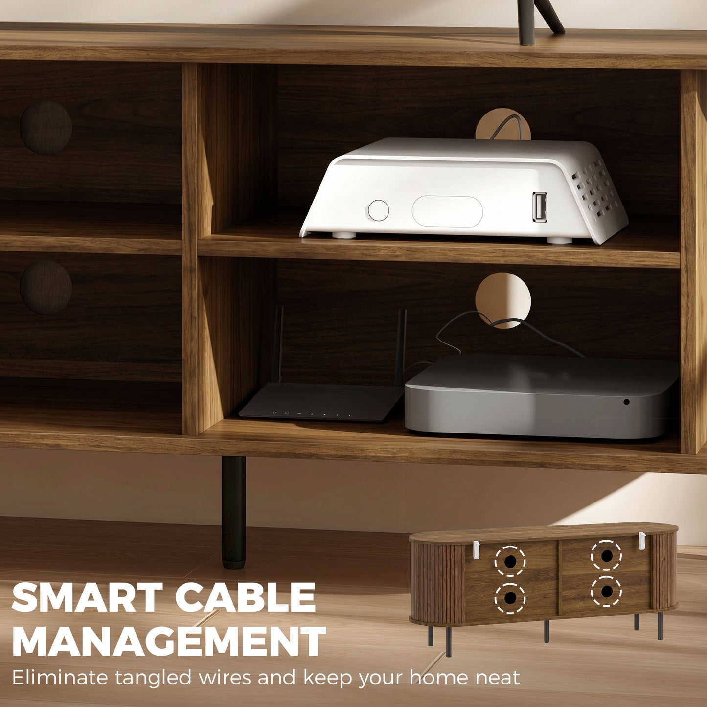 HOMCOM TV Stand Curved Sliding Doors Walnut Brown 60"