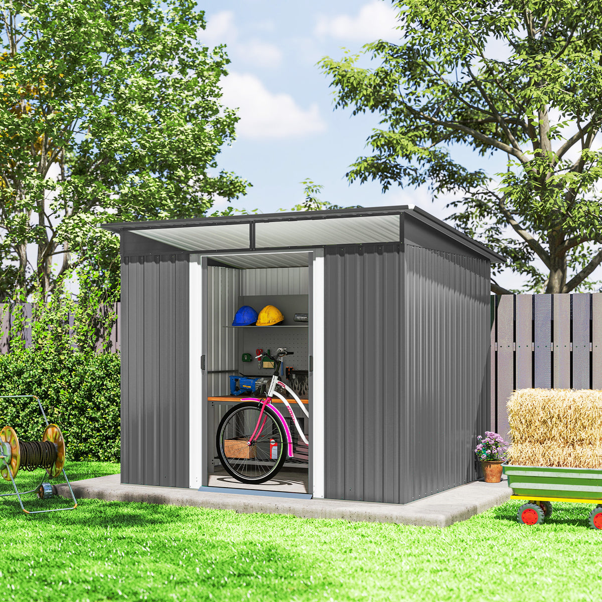9' x 6.5' Outdoor Metal Storage Shed Utility Tool Storage House w/ Double Sliding Doors for Garden