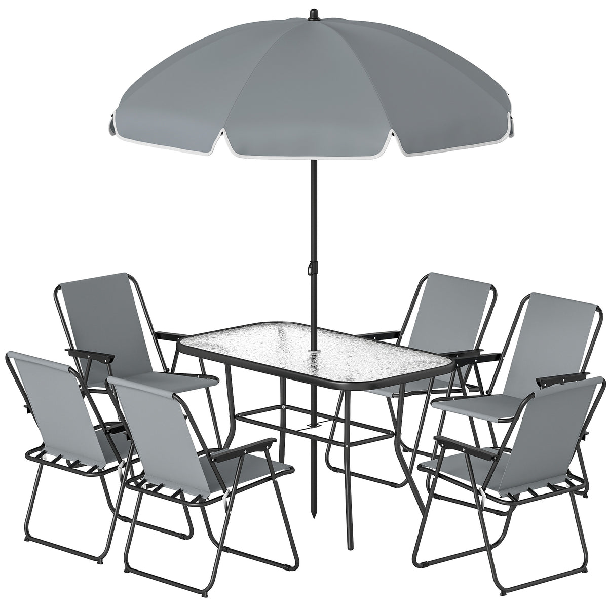 8 Piece Patio Table and Chairs Set with Folding Chairs, Tempered Glass Tabletop and Umbrella for Garden – Grey