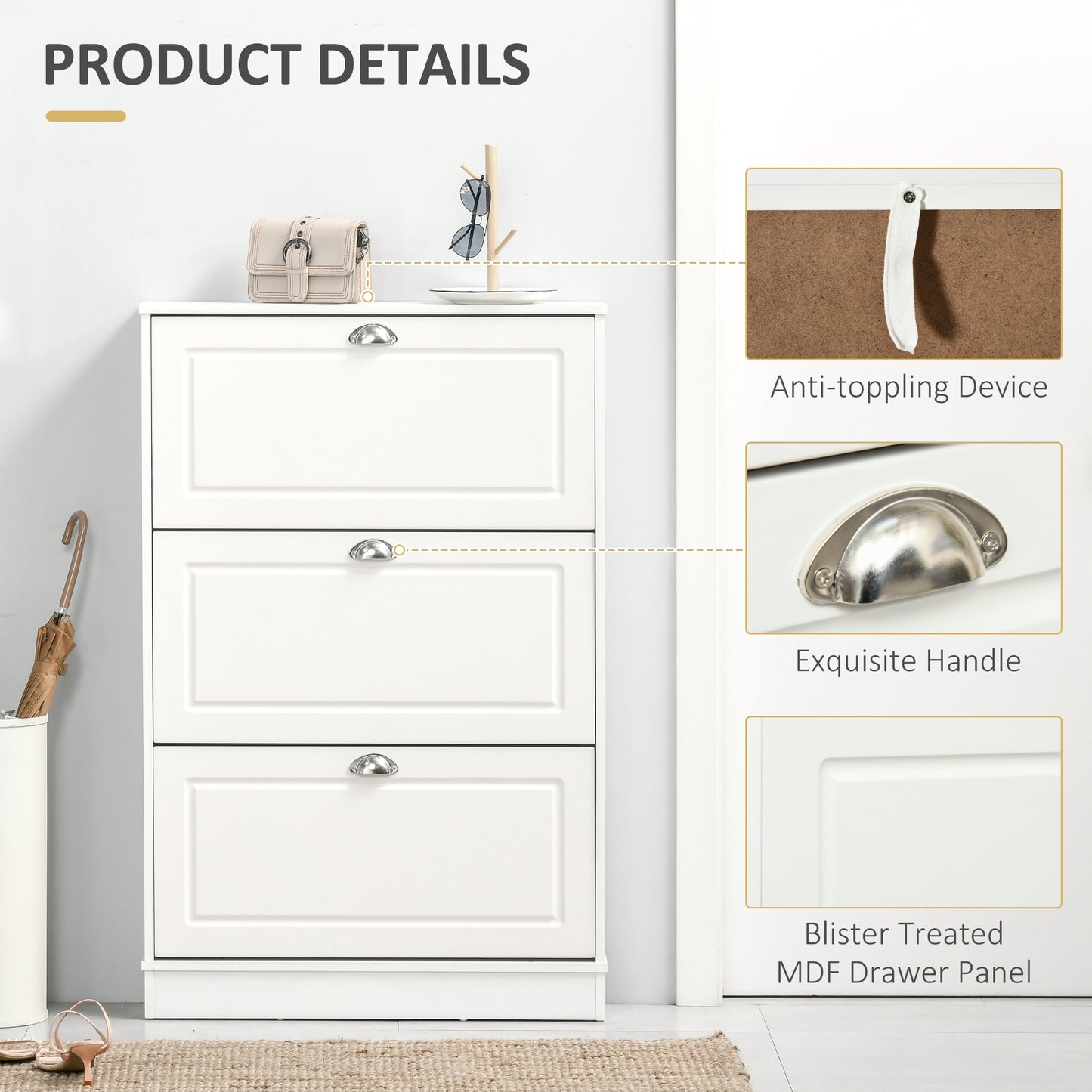 HOMCOM Narrow White Wooden Shoe Cabinet with 3 Flip Drawers