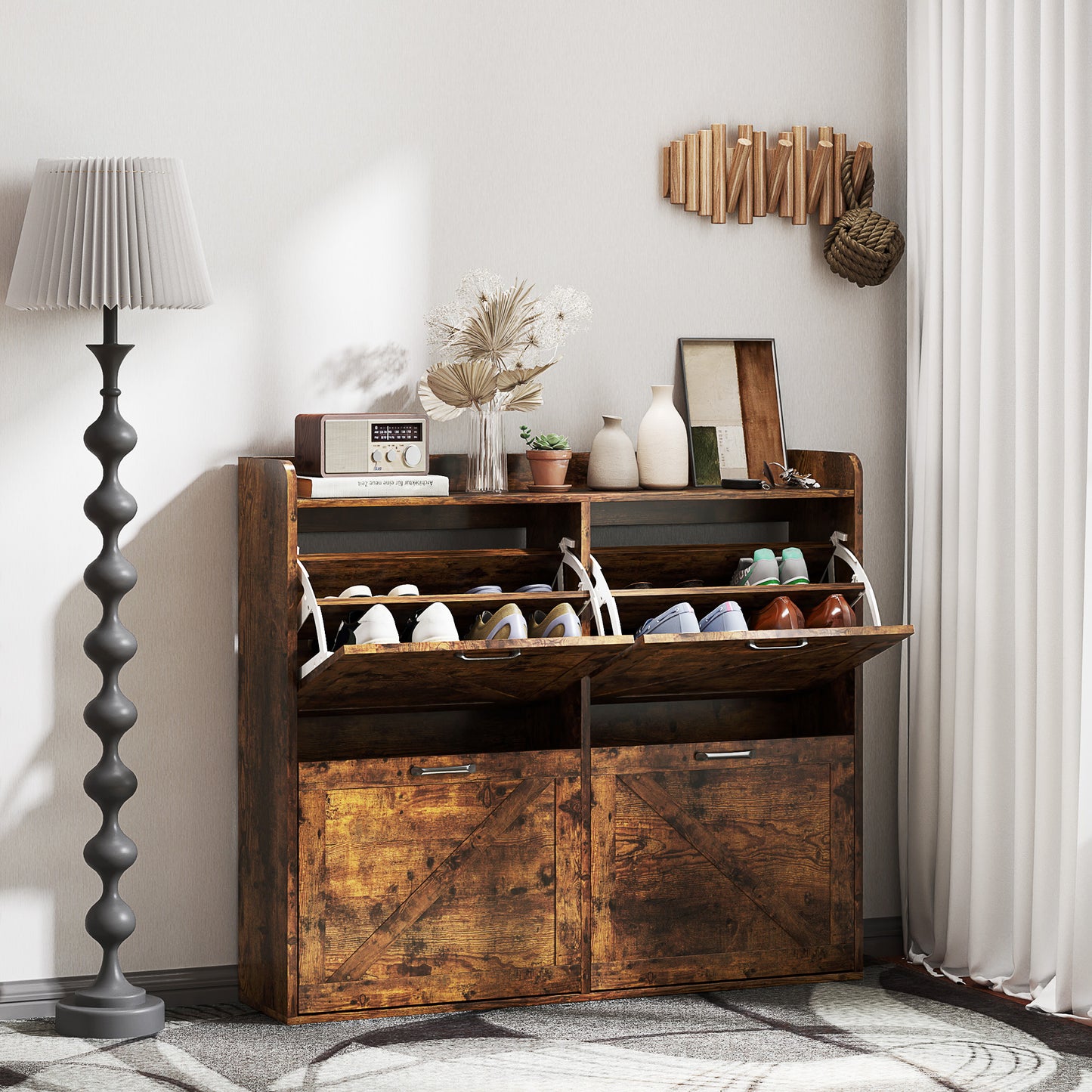 Slim Farmhouse Shoe Cabinet with 4 Flip Drawers, Adjustable Shelves for 16 Pairs