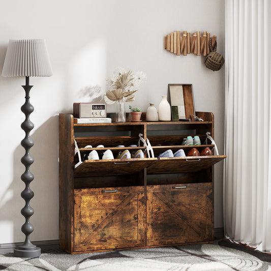 Slim Farmhouse Shoe Cabinet with 4 Flip Drawers, Adjustable Shelves for 16 Pairs