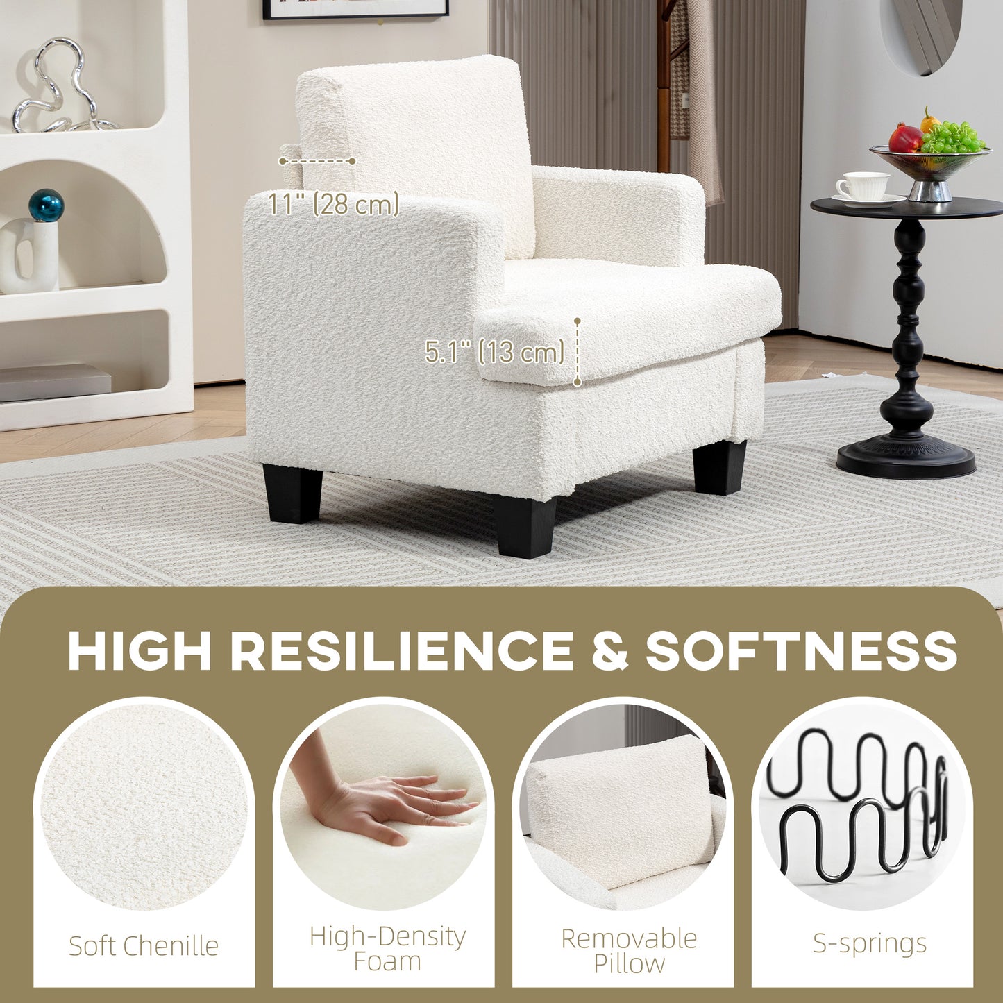 Modern Cream White Chenille Accent Armchair with Wood Frame, Back Pillow