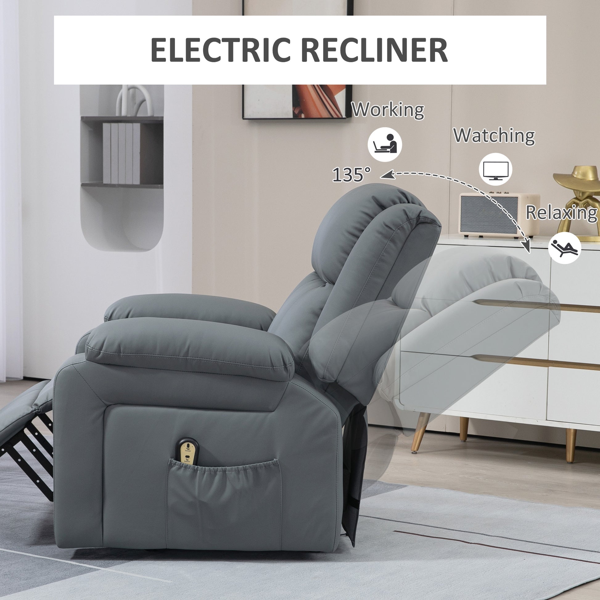 HOMCOM Electric Power Lift Recliner Chair, PU Leather, Remote, Side Pockets, Grey