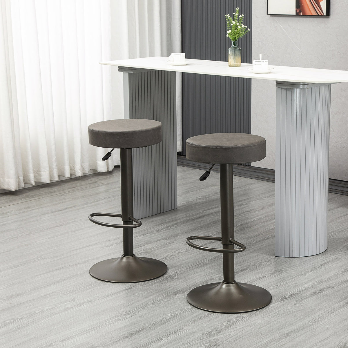 Backless PU Leather Round Swivel Bar Stools, Adjustable, Set of 2, Dark Grey