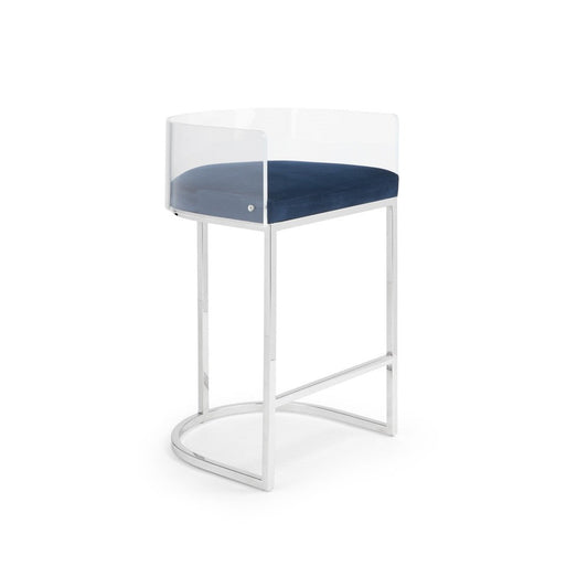 Acrylic Counter Stool, Blue Velvet Seat, Polished Steel