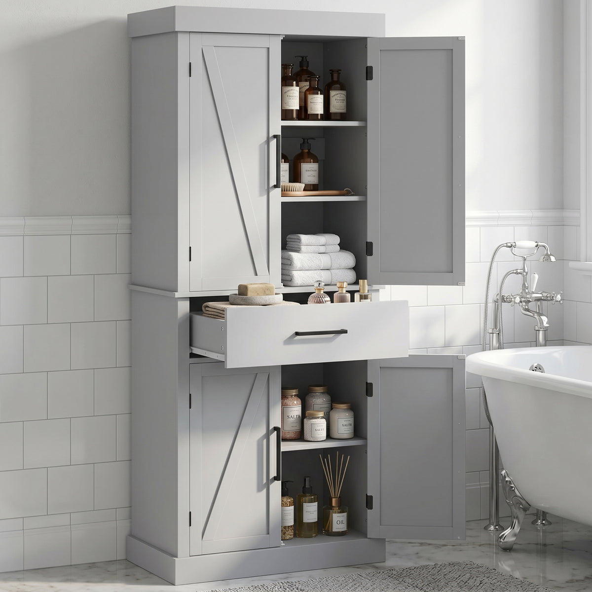 Farmhouse Kitchen Pantry Cabinet with 4 Barn Doors – 30"W x 72"H