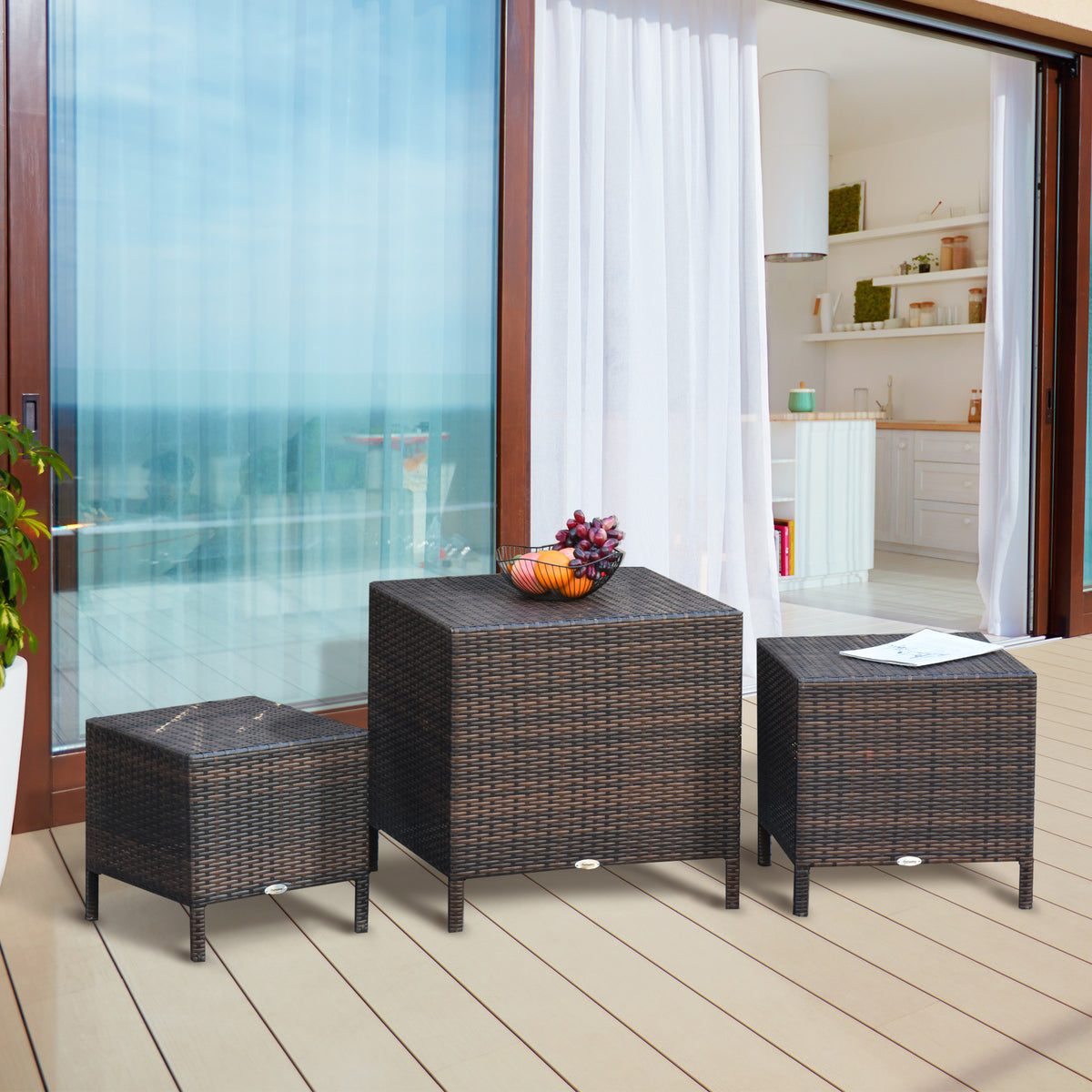 Set of 3 Wicker Nesting Tables Patio Rattan Snack End Side Tables Hand Woven All Weather Garden Outdoor Home Furniture