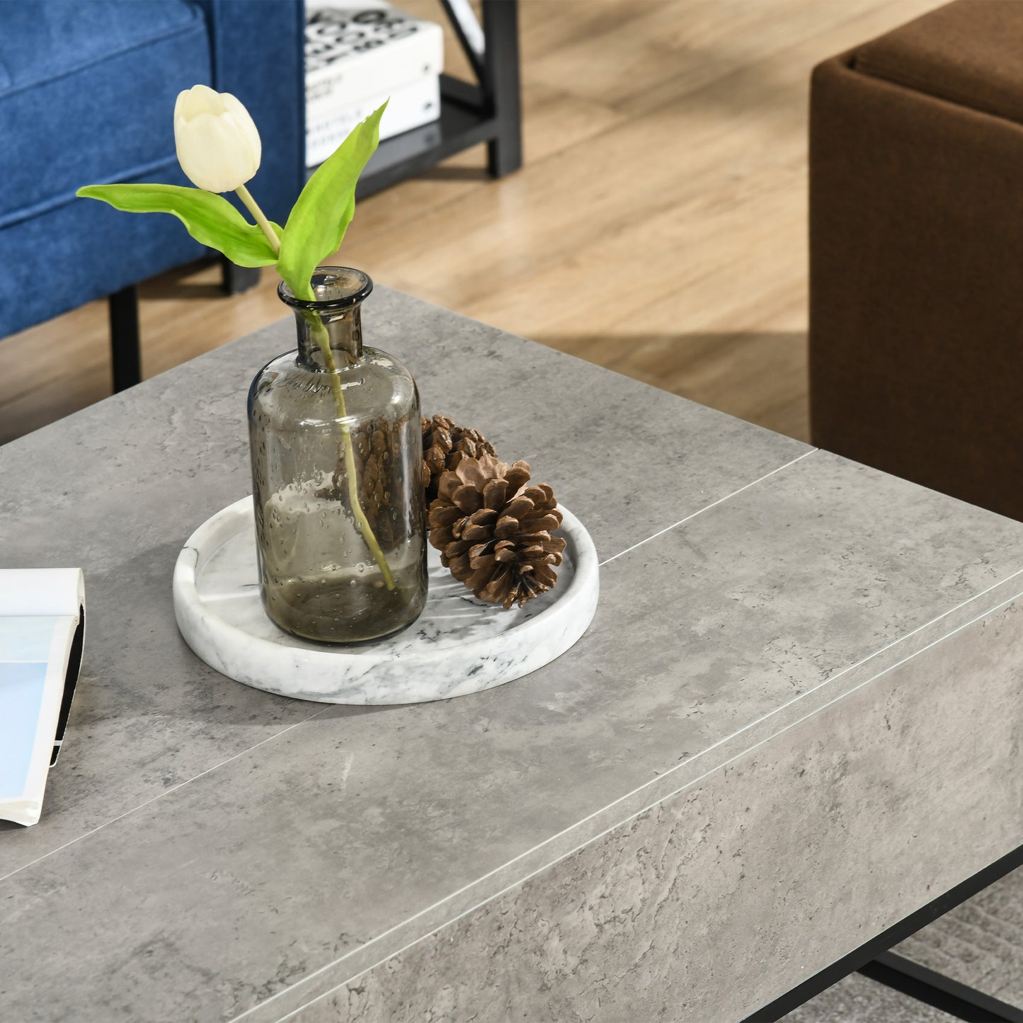 Modern Grey Lift Top Coffee Table with Hidden Storage, Adjustable Height, Faux Marble Finish