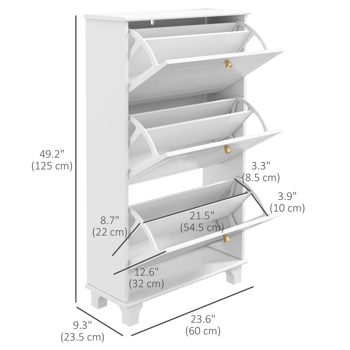 Narrow Shoe Storage with 3 Flip Drawers and Adjustable Shelves – 24"W x 49"H