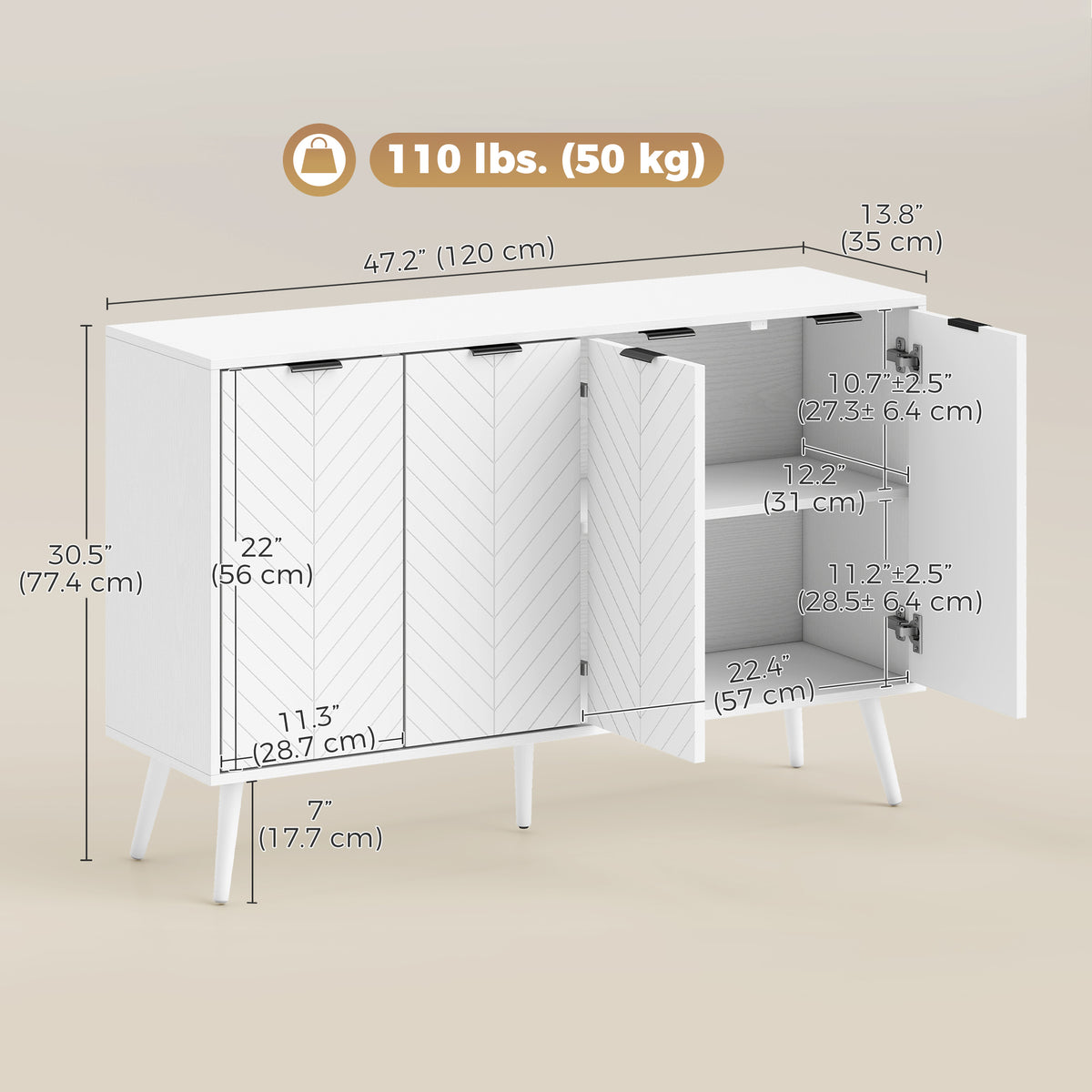 Modern Sideboard and Buffet with Adjustable Shelves and 4 Doors – 47"W x 30"H