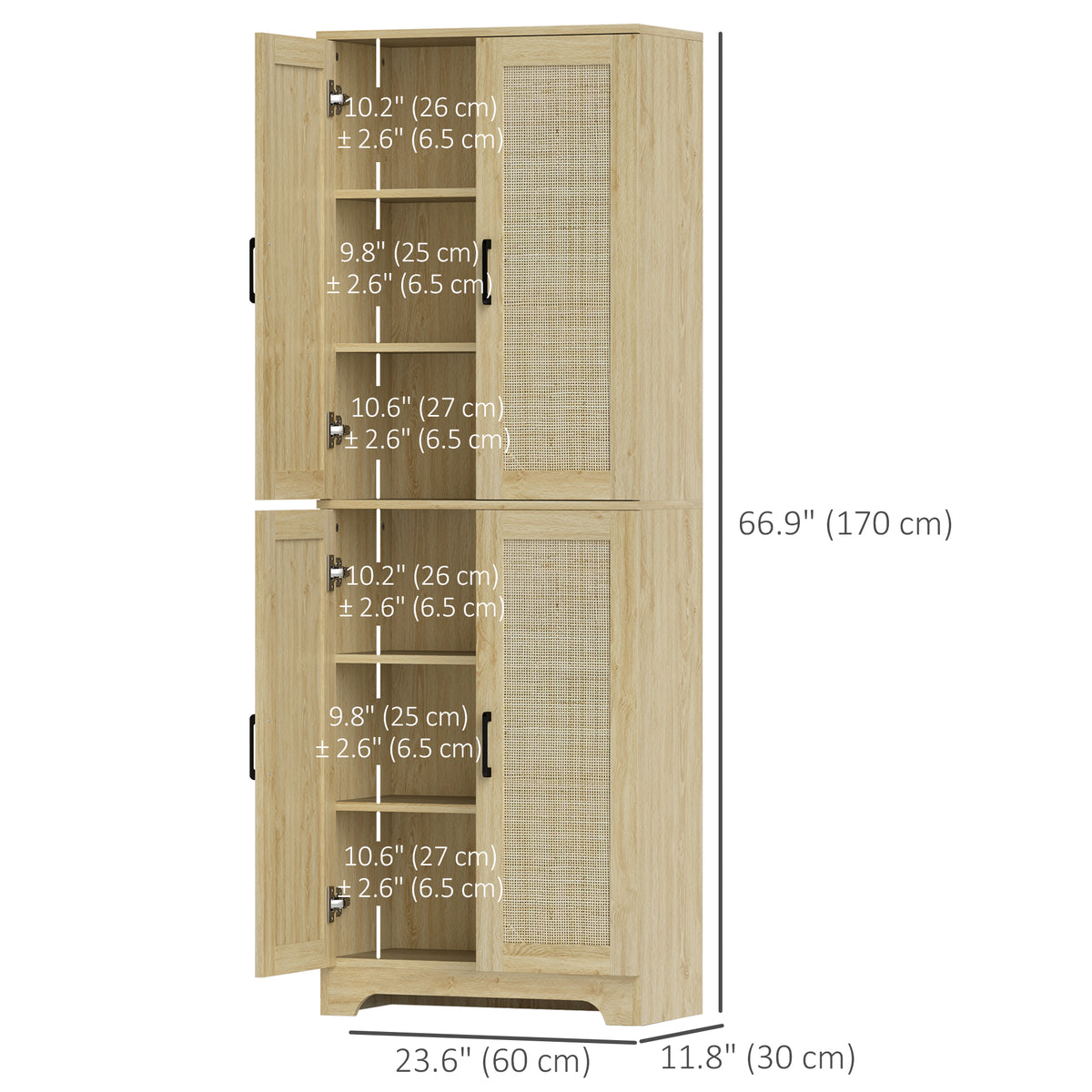 Tall Kitchen Pantry with 4 Rattan Doors and Adjustable Shelves – 24"W x 67"H