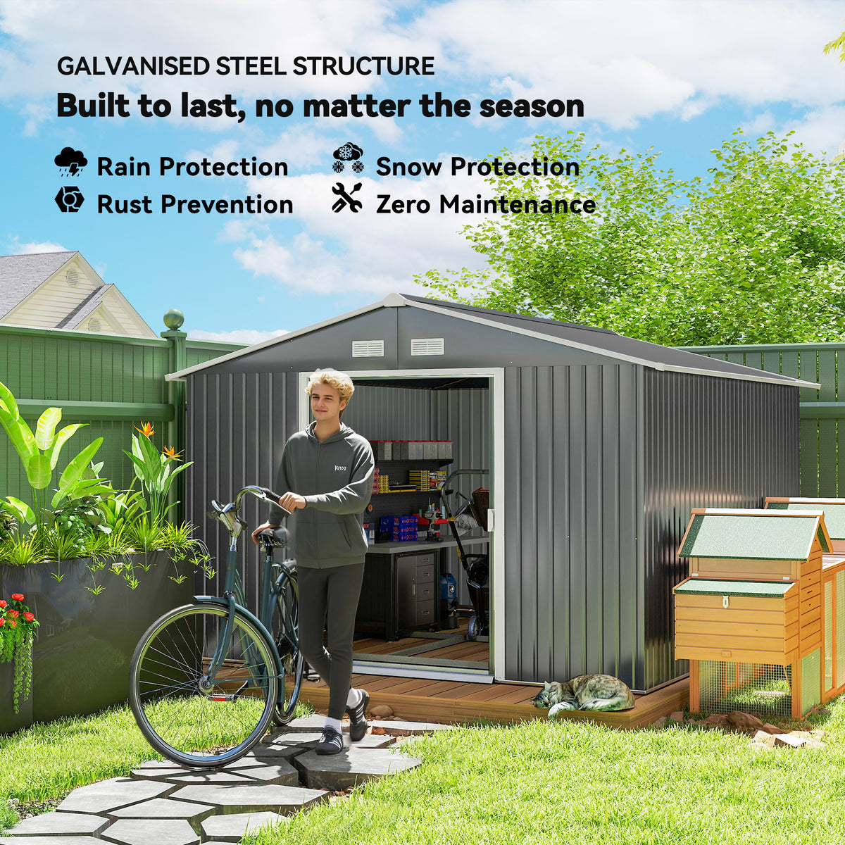 11' x 9' Metal Storage Shed Garden Tool House with Double Sliding Doors, 4 Air Vents for Backyard, Patio, Lawn – Light Grey