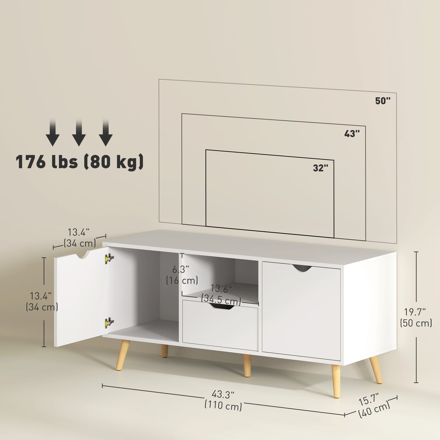 HOMCOM Modern White TV Stand with Open Shelf, Drawer & Cabinets for 50-inch TVs