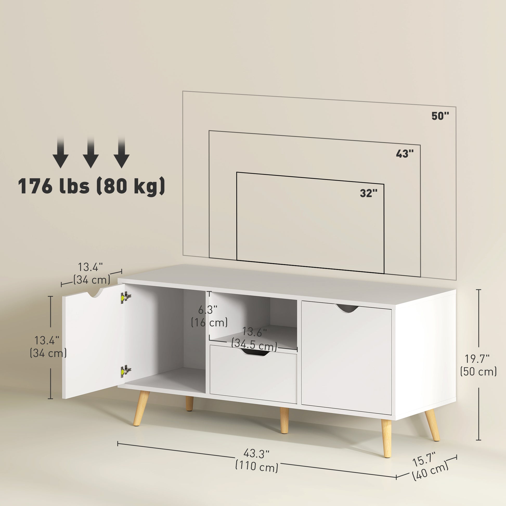 HOMCOM Modern White TV Stand with Open Shelf, Drawer & Cabinets for 50-inch TVs