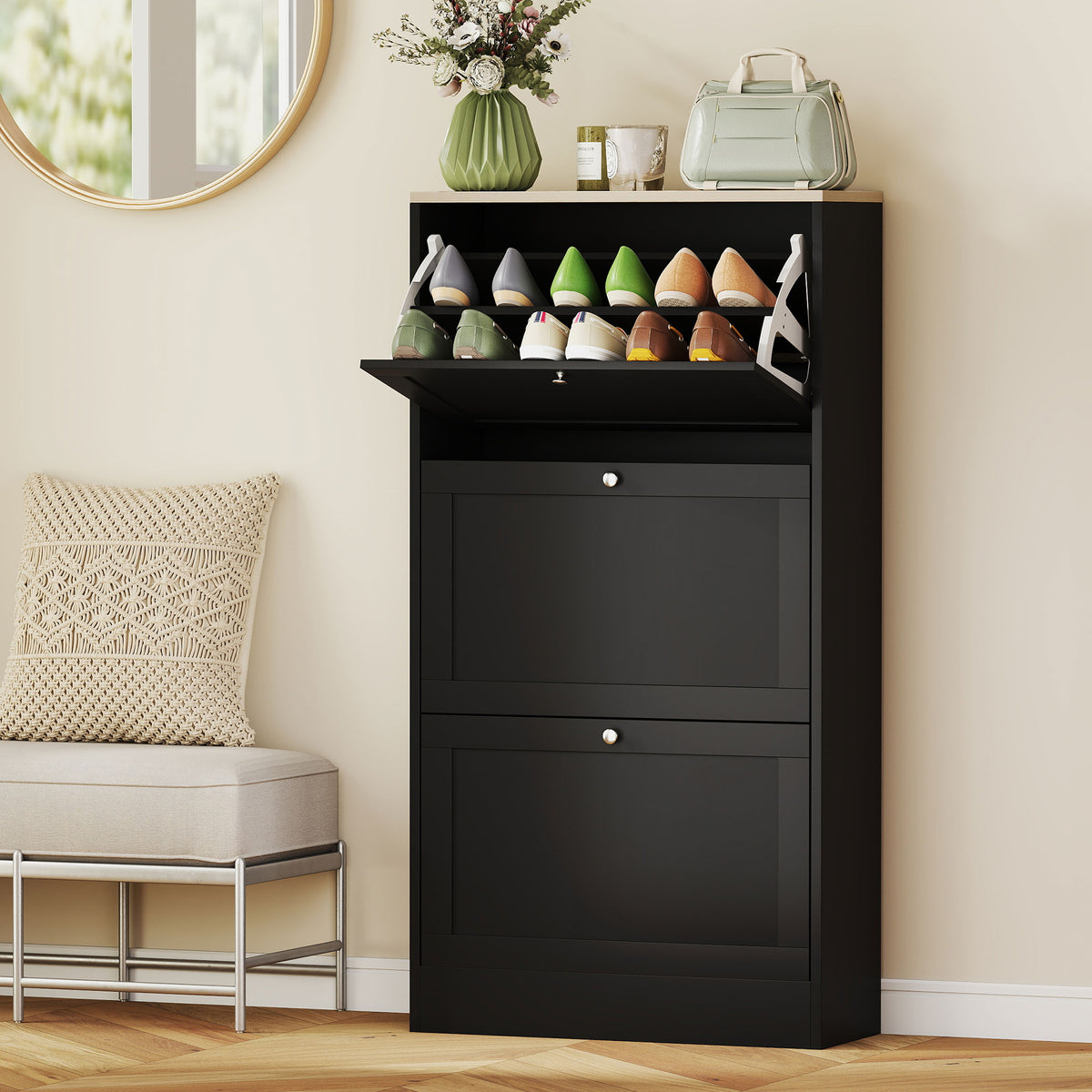 Modern Shoe Storage with 3 Flip Drawers and Adjustable Shelves – 24"W x 45"H