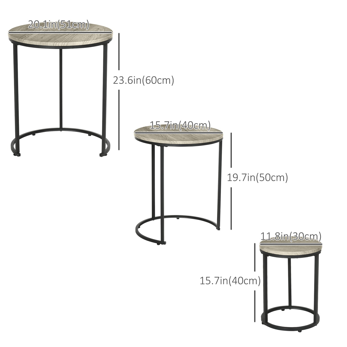 HOMCOM Modern 3-Piece Round Nesting Coffee Tables, Grey Wood Grain Design