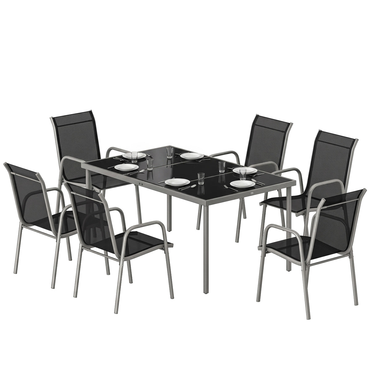 7 Piece Garden Dining Set, Garden Furniture Set with Rectangle Table and 6 Stackable Chairs – Silver, Black