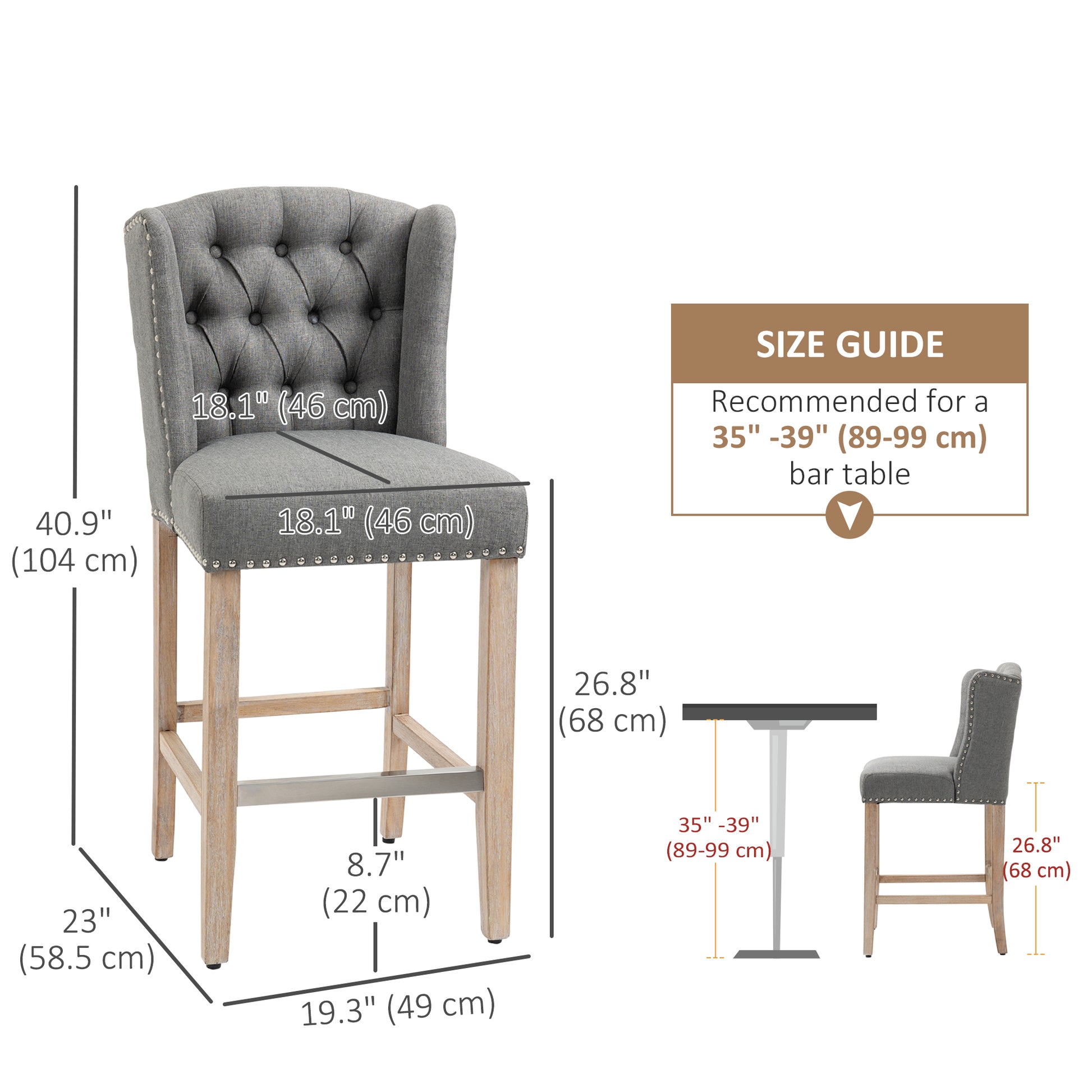 HOMCOM 2-Piece Grey Upholstered Counter Height Bar Stools, Nailhead Backrest