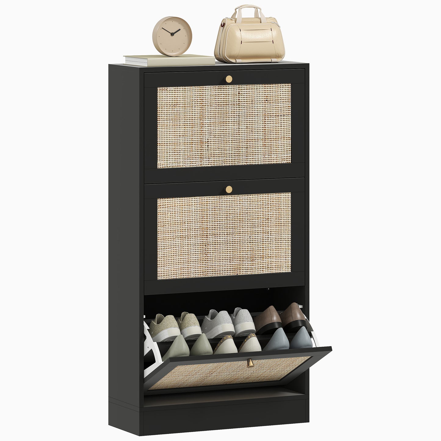 Elegant Rattan Entryway Shoe Cabinet with 3 Flip-Down Drawers, Adjustable Shelves, Organizes 18 Pairs