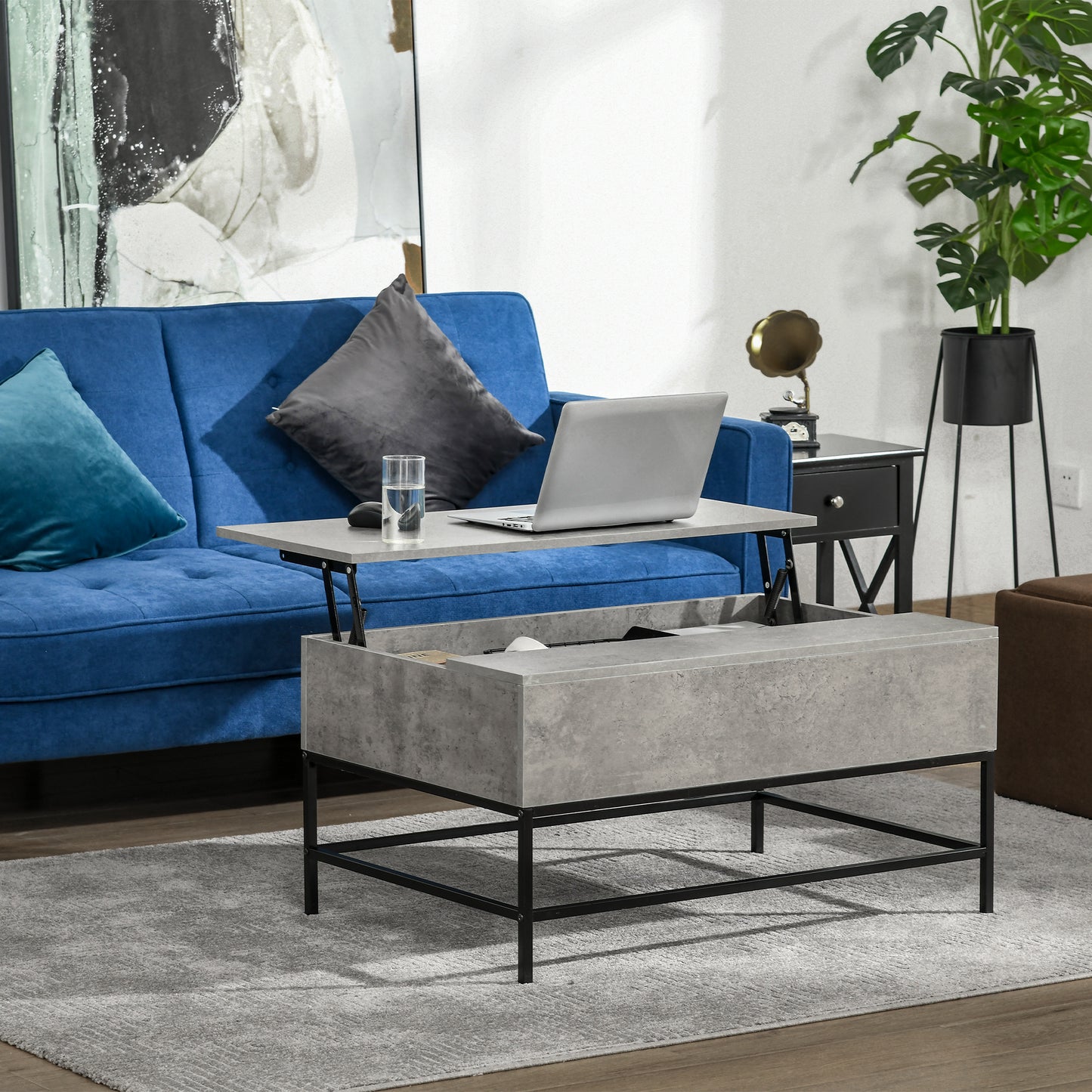 Modern Grey Lift Top Coffee Table with Hidden Storage, Adjustable Height, Faux Marble Finish