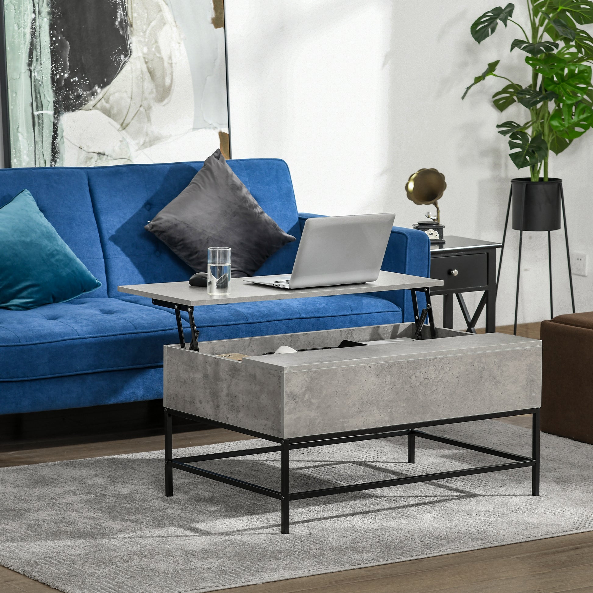 Modern Grey Lift Top Coffee Table with Hidden Storage, Adjustable Height, Faux Marble Finish