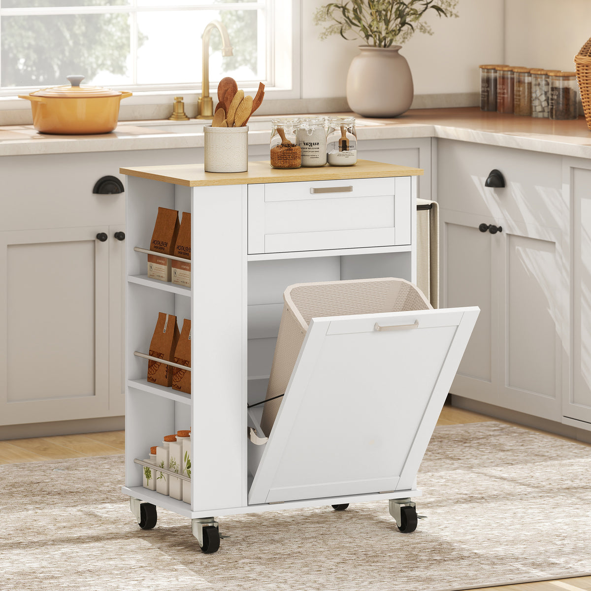 Rolling Kitchen Island with Trash Can Storage – 28"W x 35"H