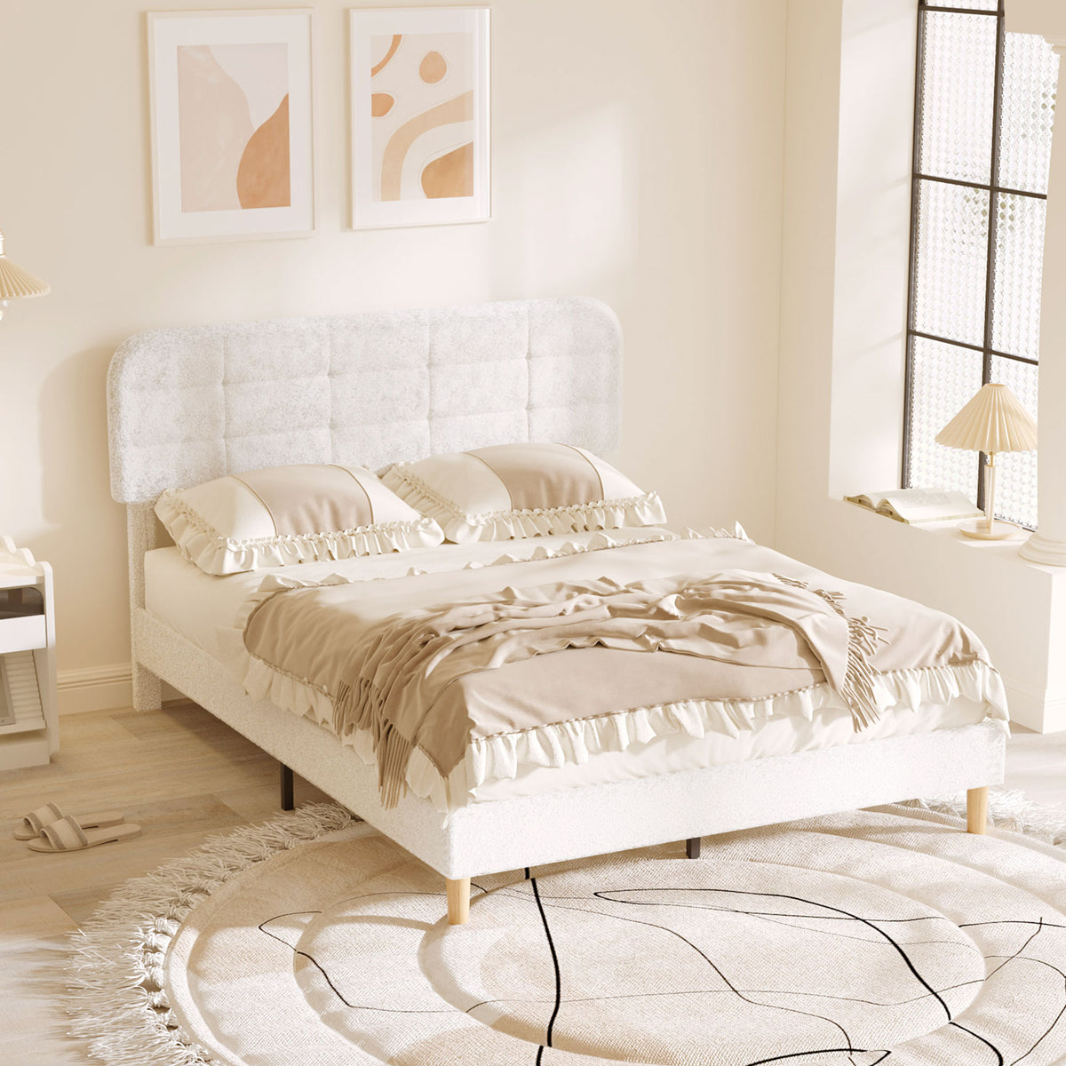 Teddy Fleece Upholstered Bed with Adjustable Headboard