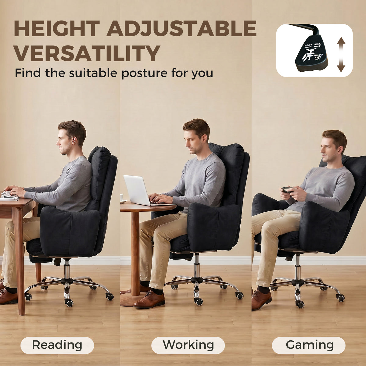 Office Chair with Footrest, Ergonomic Reclining Computer Gaming Chair with Snow Flannel Fabric, Black