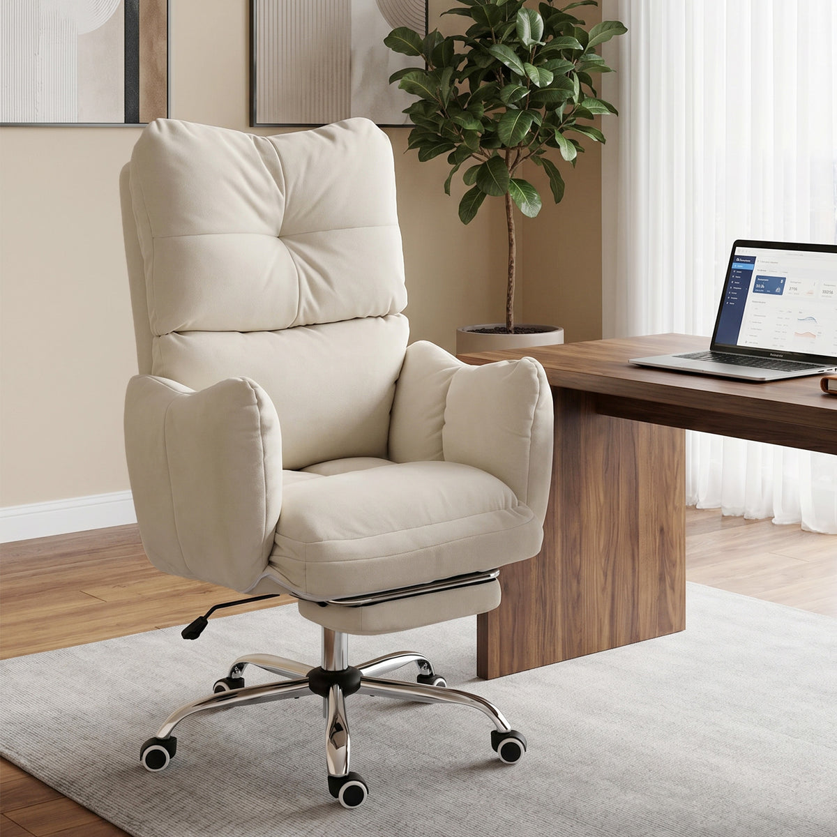 Office Chair with Footrest, Ergonomic Reclining Computer Gaming Chair with Snow Flannel Fabric, Cream