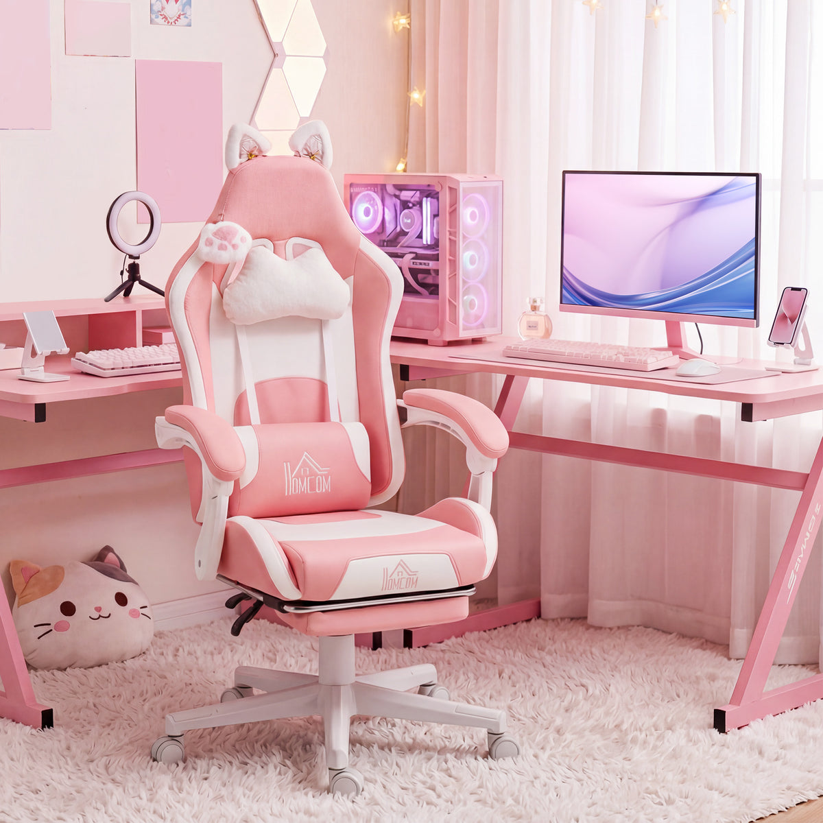 Cute Racing Gamer Chair, Faux Leather Gaming Chair with Footrest, Pink