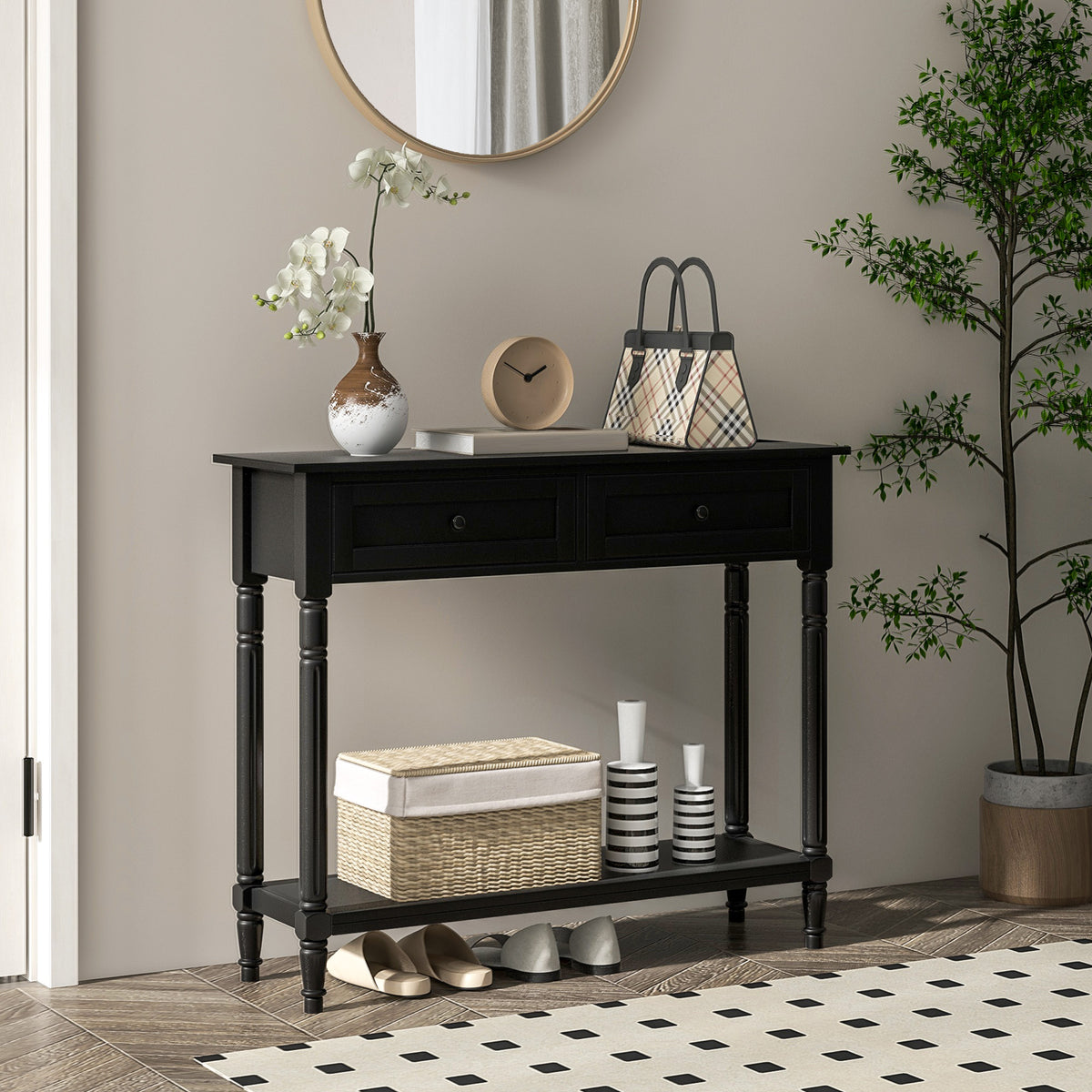 Hallway Console Table with 2 Drawers, Black