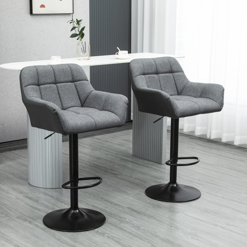 HOMCOM Modern Adjustable Swivel Bar Stools Set, Tufted Fabric, Armrests, Footrest, Grey