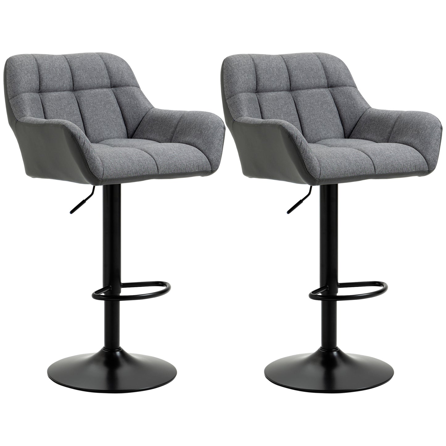 HOMCOM Modern Adjustable Swivel Bar Stools Set, Tufted Fabric, Armrests, Footrest, Grey