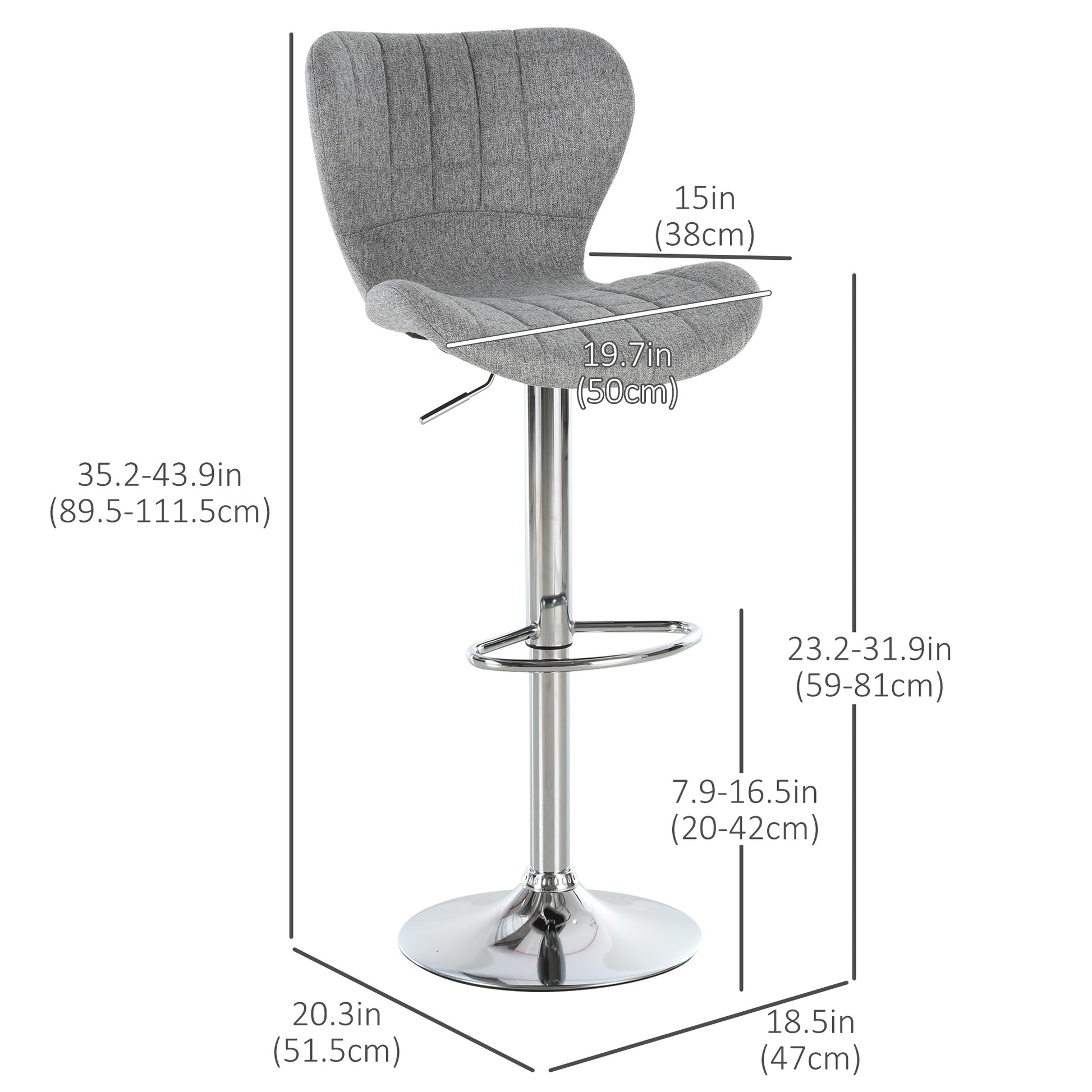 HOMCOM Two Grey Linen Adjustable Swivel Bar Stools with Footrest