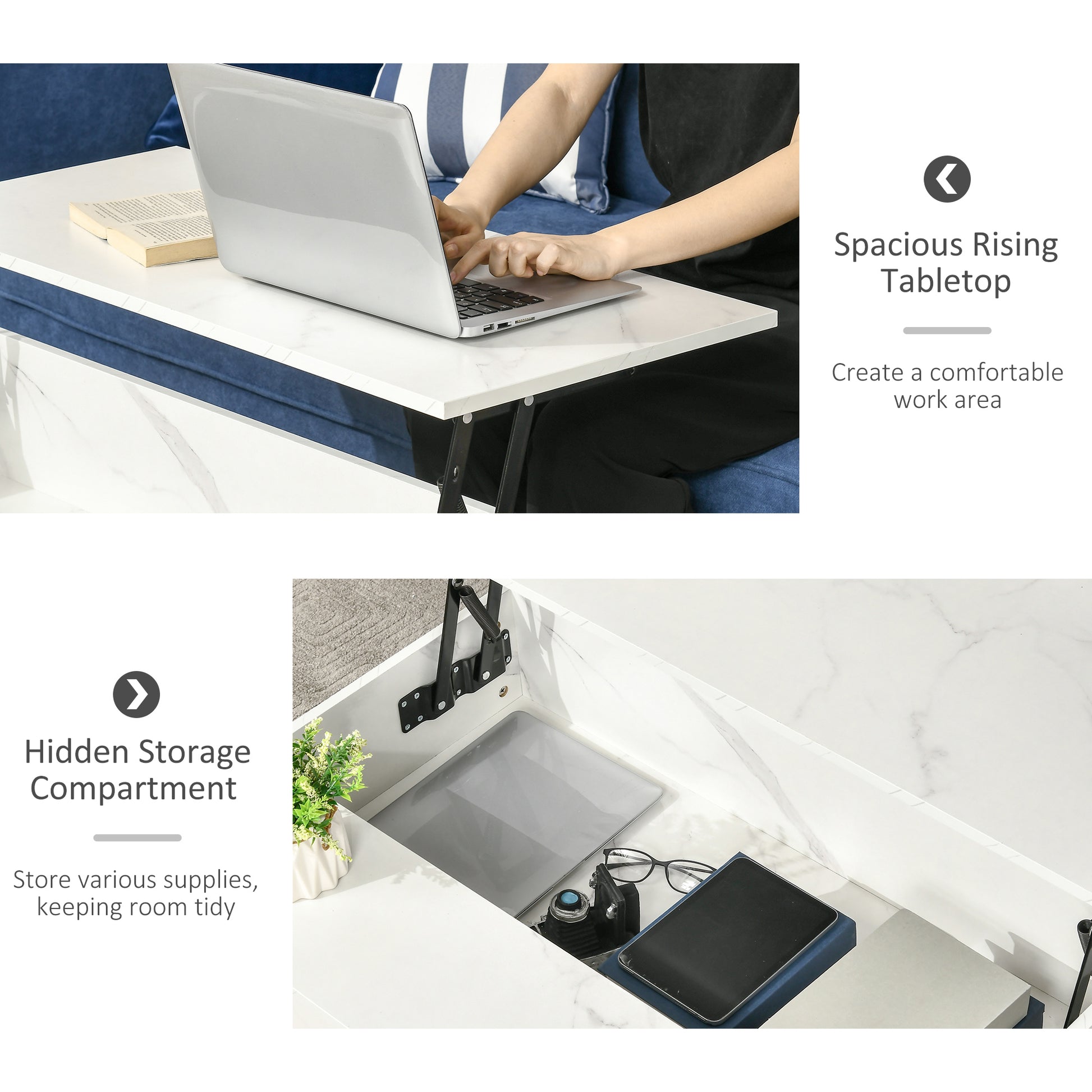 HOMCOM Modern Lift Top Coffee Table with Hidden Storage, White, Adjustable Height