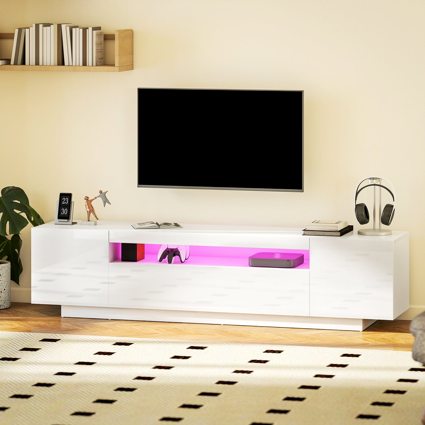 HOMCOM Modern White High-Gloss TV Stand with RGB LED Lighting