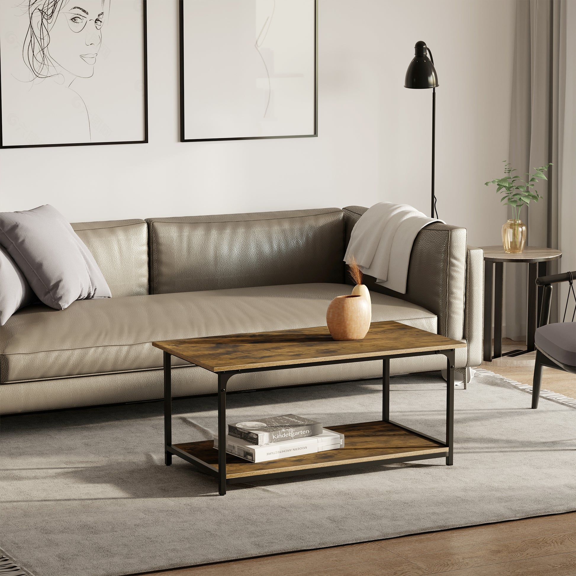 HOMCOM Rustic Industrial 2-Tier Coffee Table Storage Shelf Steel Frame