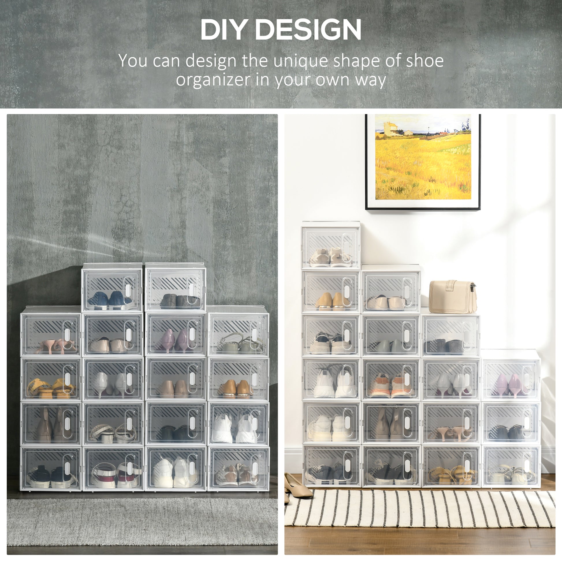 HOMCOM 18-Cube Modular Stackable Shoe Organizer Cabinet, Clear White, Entryway Hallway Closet