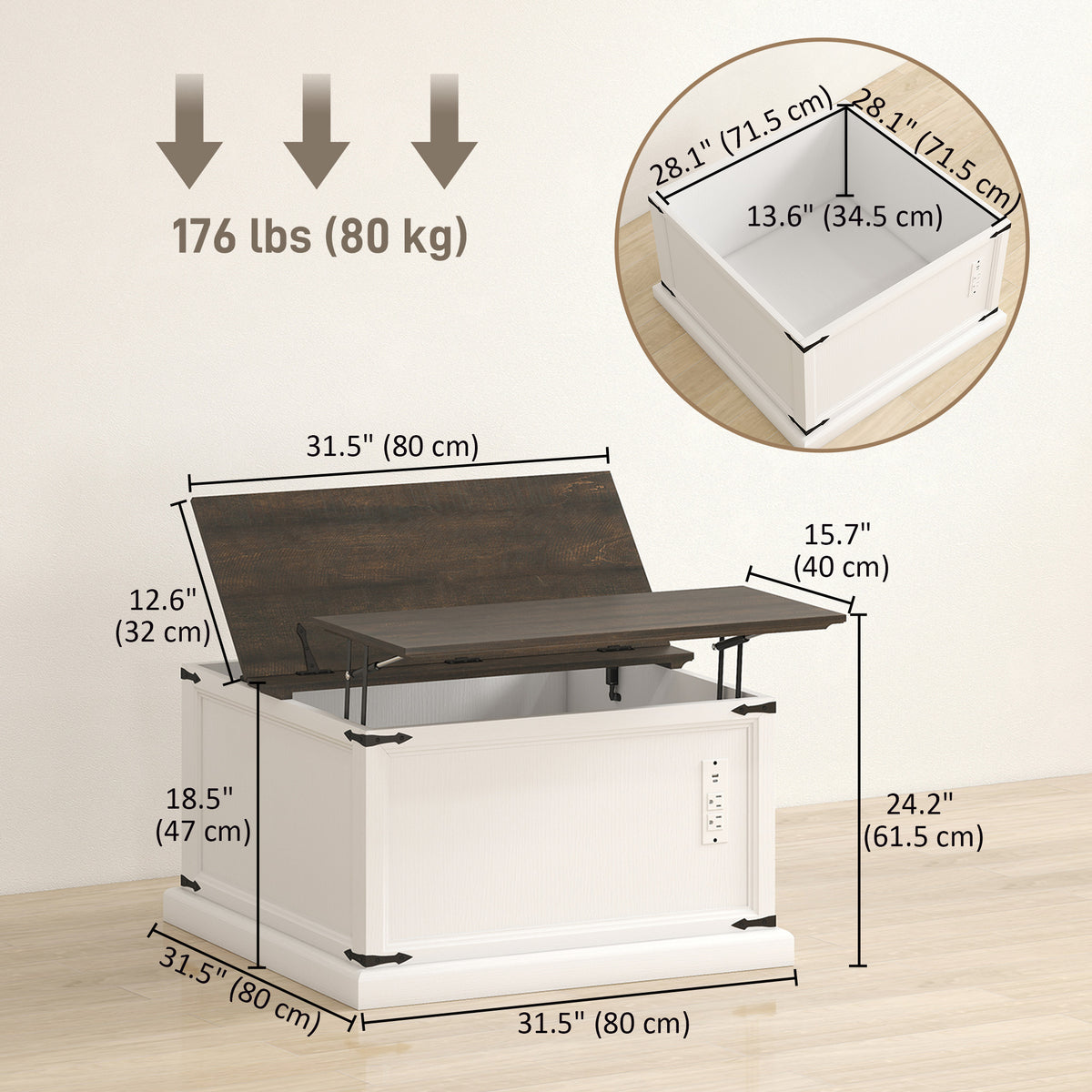 Square Lift-Top Coffee Table with Charging Station and Hidden Storage