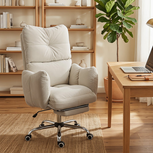 Office Chair with Footrest, Ergonomic Reclining Computer Gaming Chair with Snow Flannel Fabric, Cream