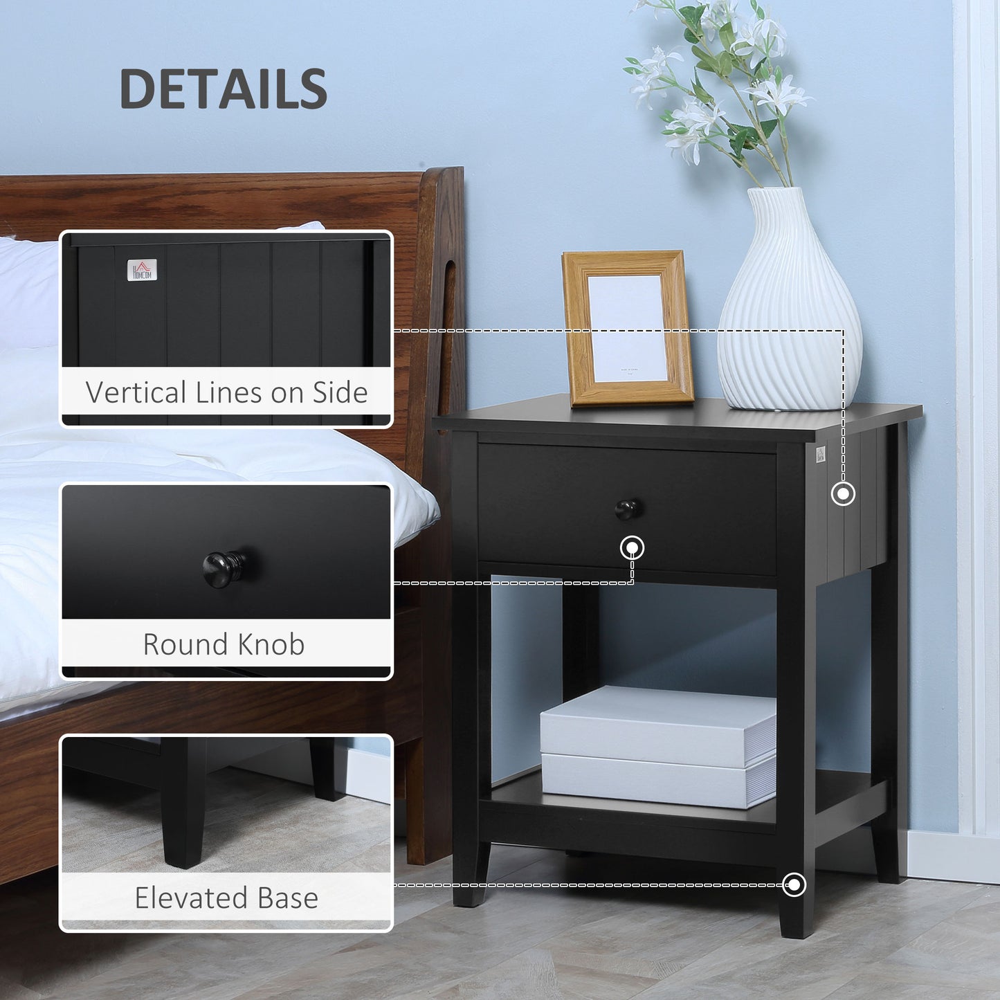 HOMCOM Modern Black Nightstand End Table with Drawer and Shelf for Bedroom Living Room