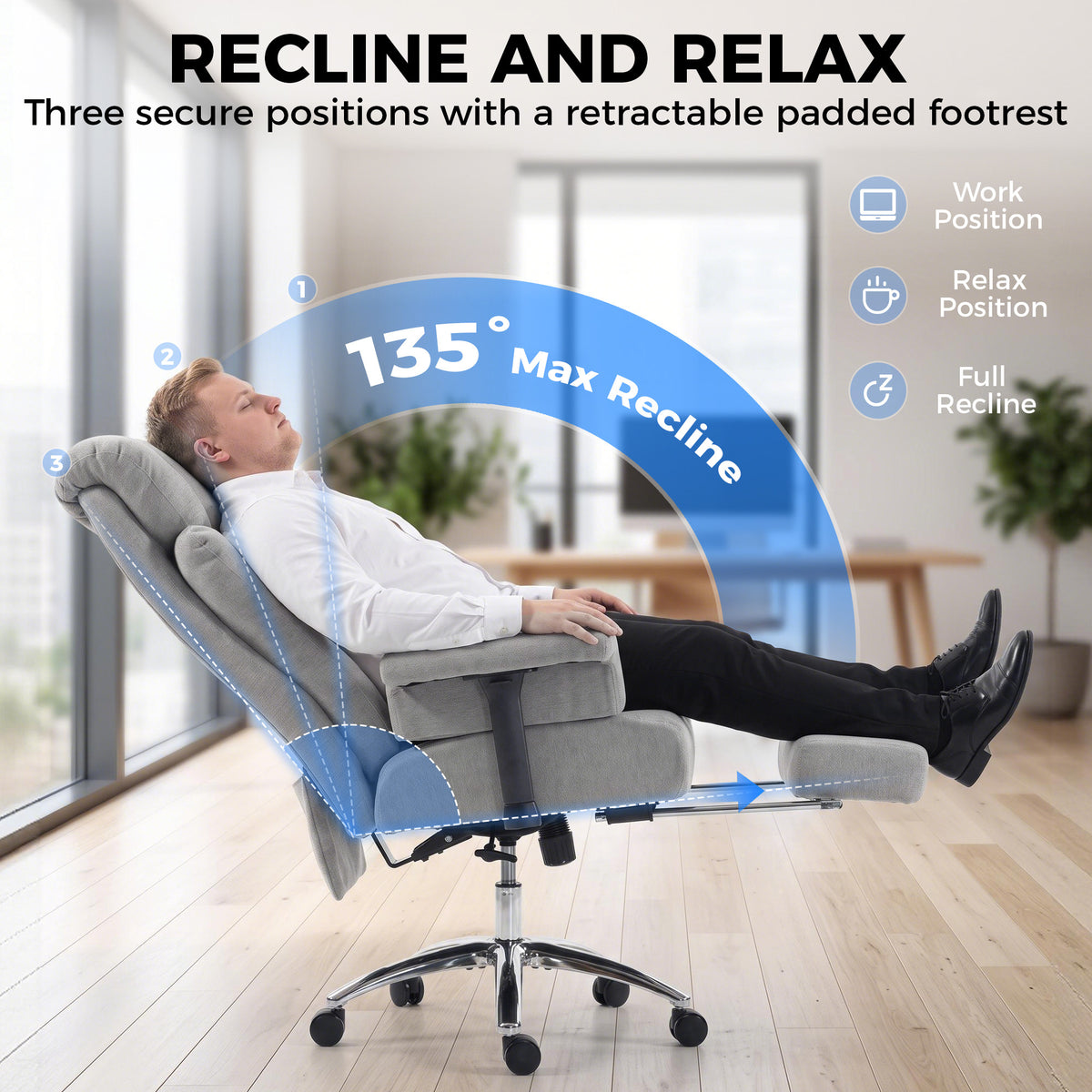 550lbs Big and Tall Office Chair, Heavy Duty Executive Desk Chair with Adjustable Padded Armrests, Grey