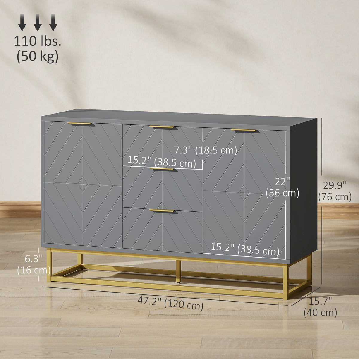47" Sideboard with 3 Drawers and Gold Base, Grey