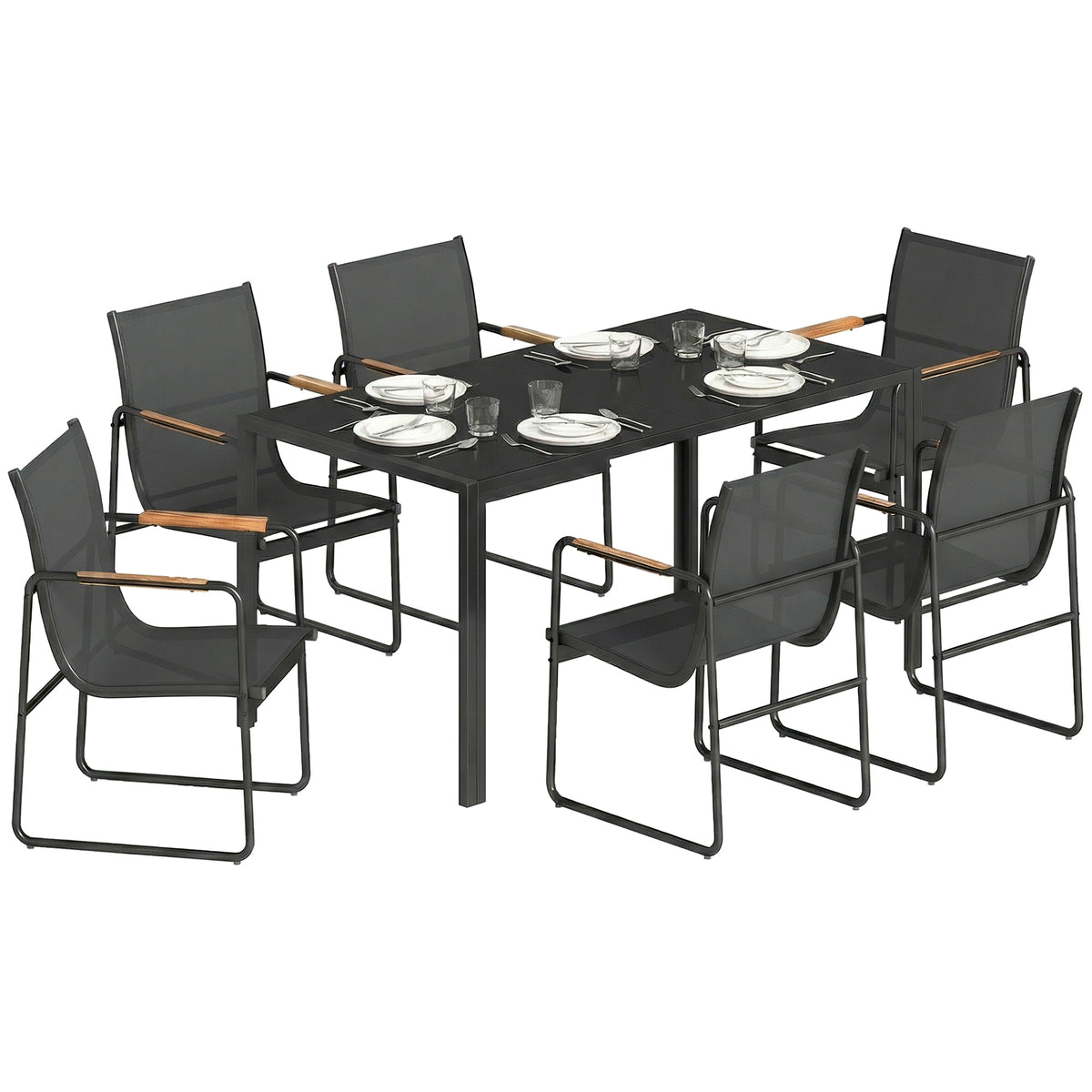 7 Pieces Outdoor Dining Set for 6, Glass Patio Table and Chairs with Decorative Armrests, All Weather Mesh