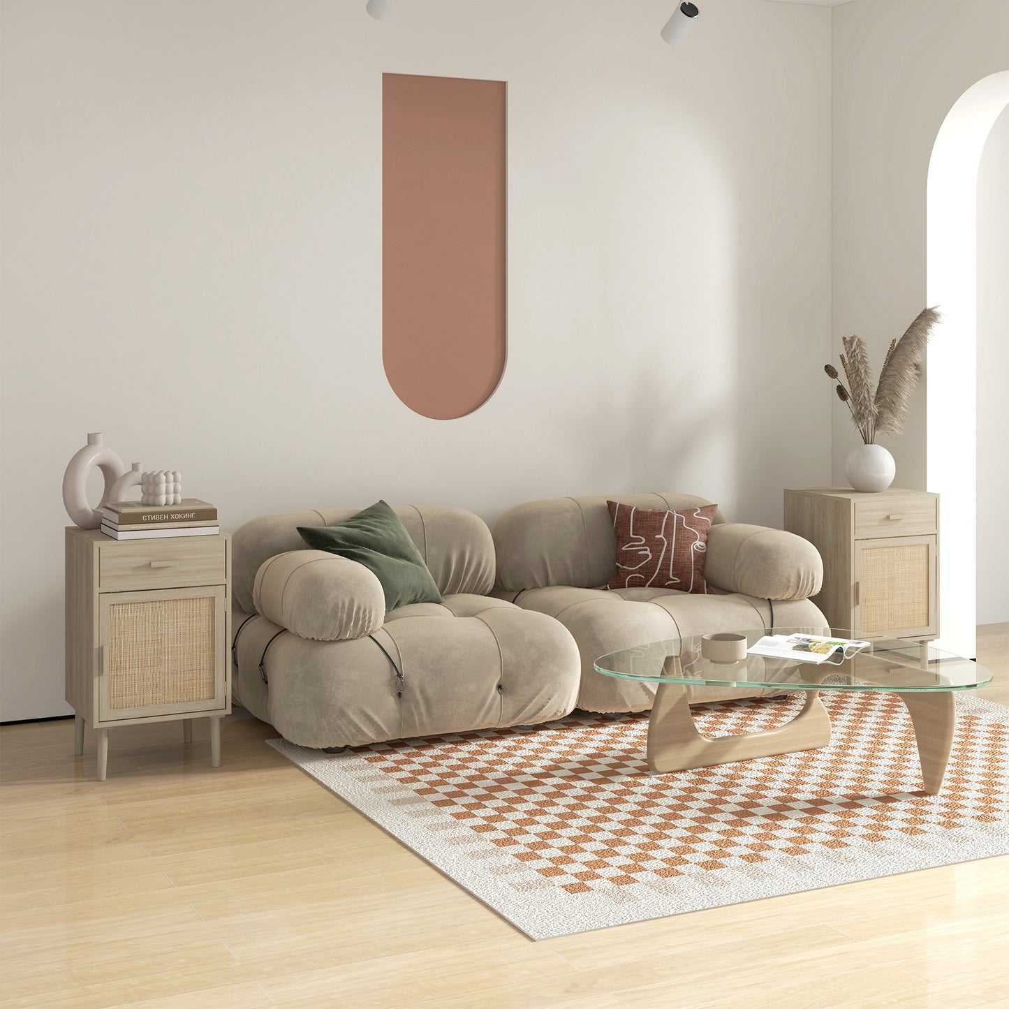 Boho Rattan Bedside Tables Set of 2 with Drawer, Adjustable Shelf, Oak Finish