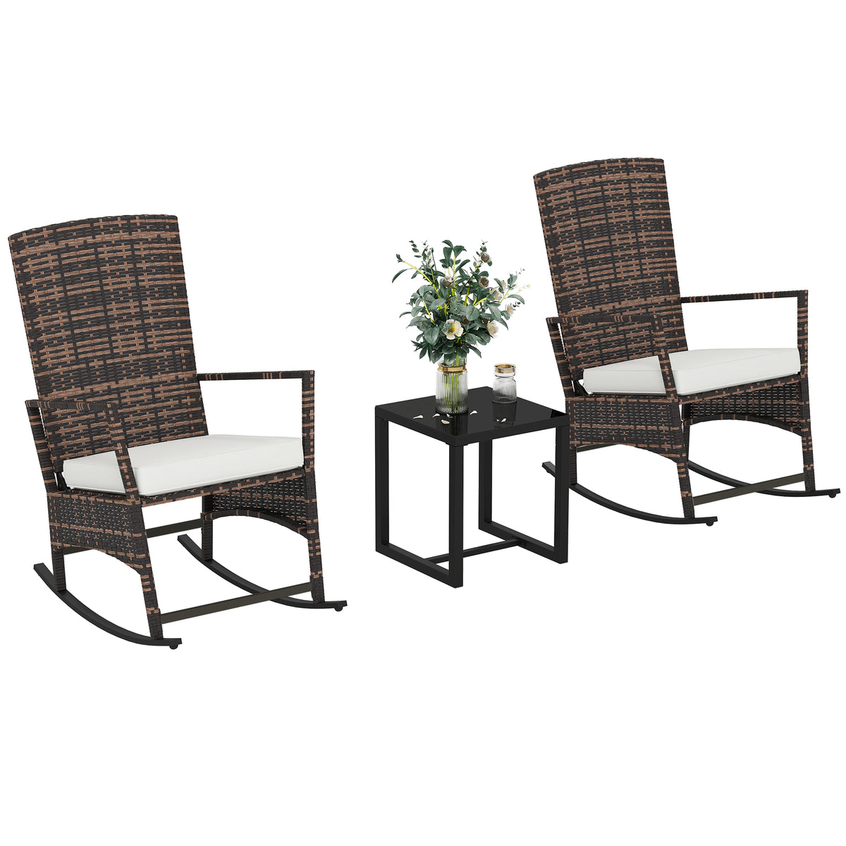 3 Piece Rocking Bistro Set, Wicker Patio Furniture with 3-Level Reclining High Back Rocking Chair and Glass Table