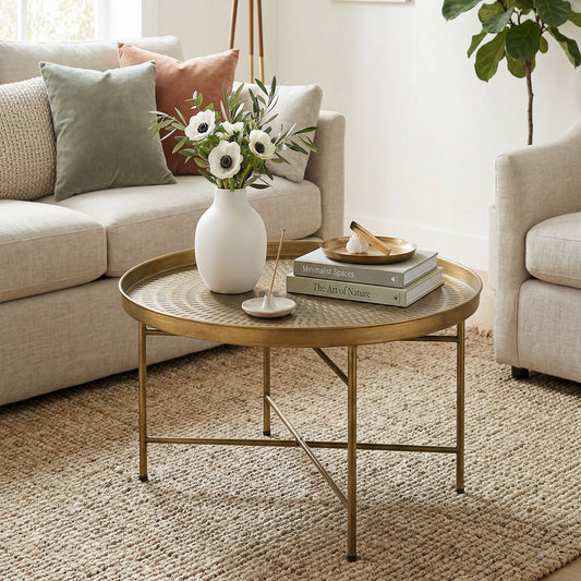 24" Round Vintage Coffee Table with Hammered Tray Top, Gold